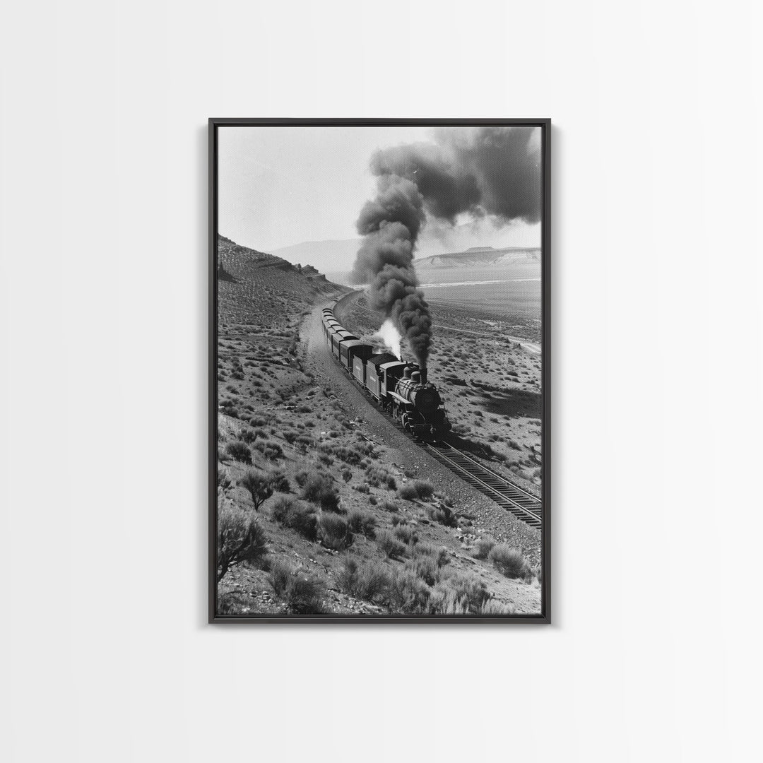 Train Journey Through the Desert Black and White Photography - Framed Canvas Print, Railroad Art, Rustic Train Wall Art Decor