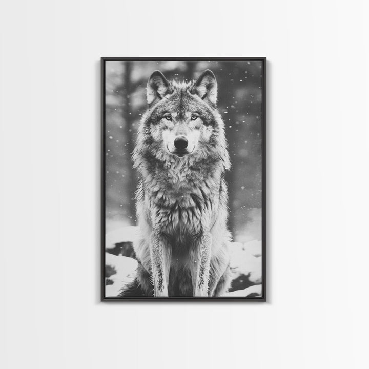 Wolf in Snowy Forest Black and White Photography - Framed Canvas Print, Wildlife Photography, Winter Wolf Art for Home Decor