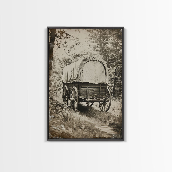 Pioneer Wagon in the Woods - Antique Canvas Print, Rustic Western Wall Art, Vintage Wagon Decor, Historical Art for Living Room