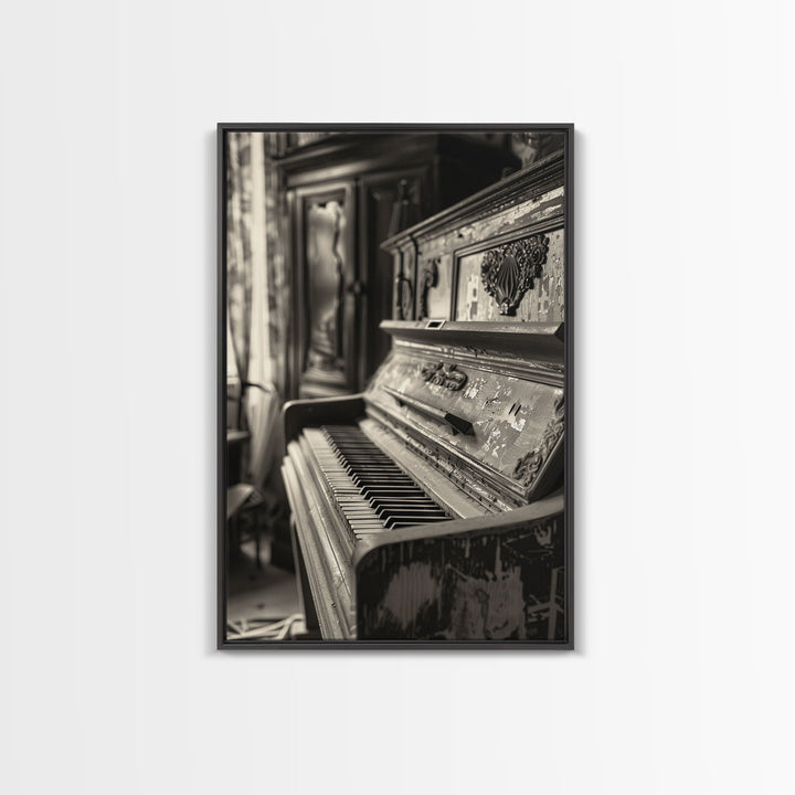 Vintage Rustic Piano Sepia Print - Framed Canvas Wall Art, Antique Music Decor for Living Room, Historical Piano Artwork for Home