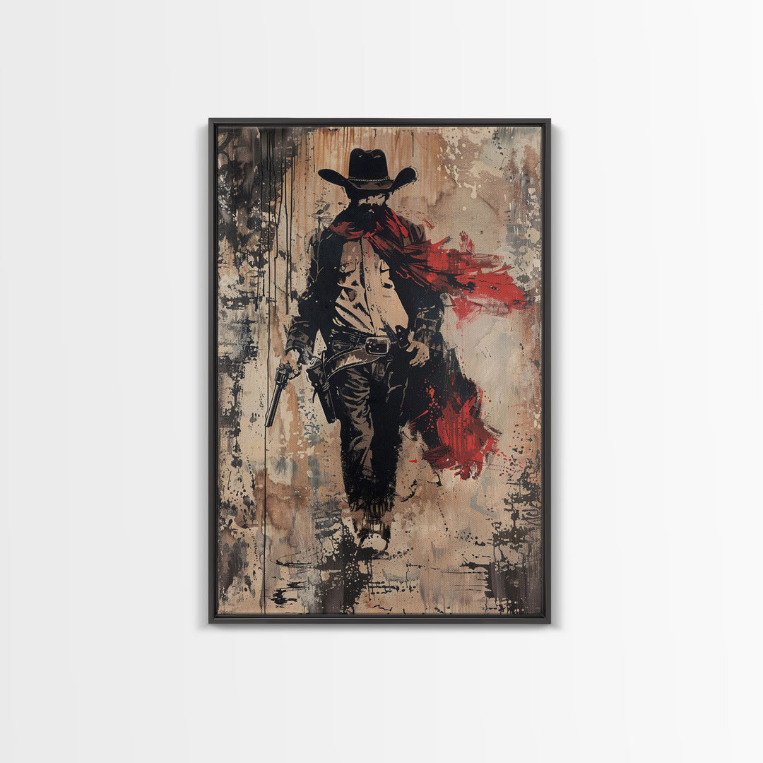 Cowboy with Red Scarf Art Print - Framed Canvas Western Wall Art, Rustic Cowboy Decor for Living Room, Vintage Western Artwork, Cowboy Art