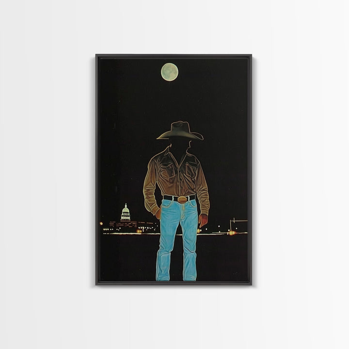 Cowboy Under the Moon Print - Framed Canvas Wall Art, Rustic Western Decor, Nighttime Cowboy Artwork for Living Room, Western Night Sky