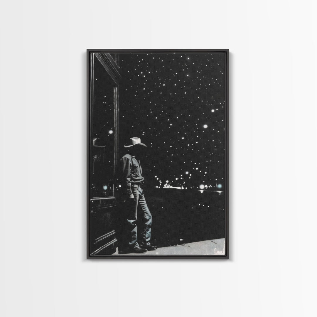 Cowboy in Starry Night Print - Framed Canvas Wall Art, Rustic Western Decor, Starry Sky Cowboy Artwork for Living Room, Night Sky Art