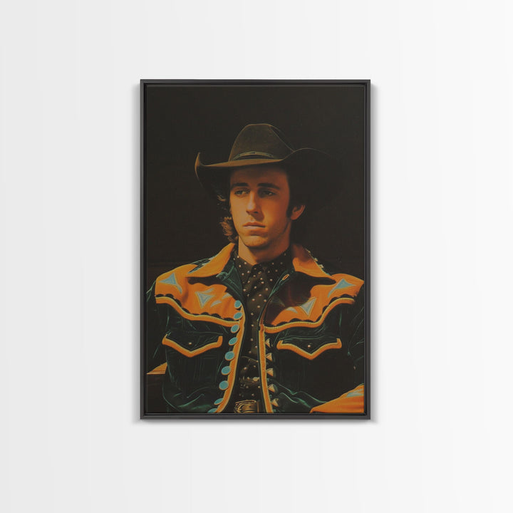 Retro Cowboy Portrait Print - Framed Canvas Wall Art, Rustic Western Decor, Vintage Cowboy Artwork for Living Room, Historical Portrait