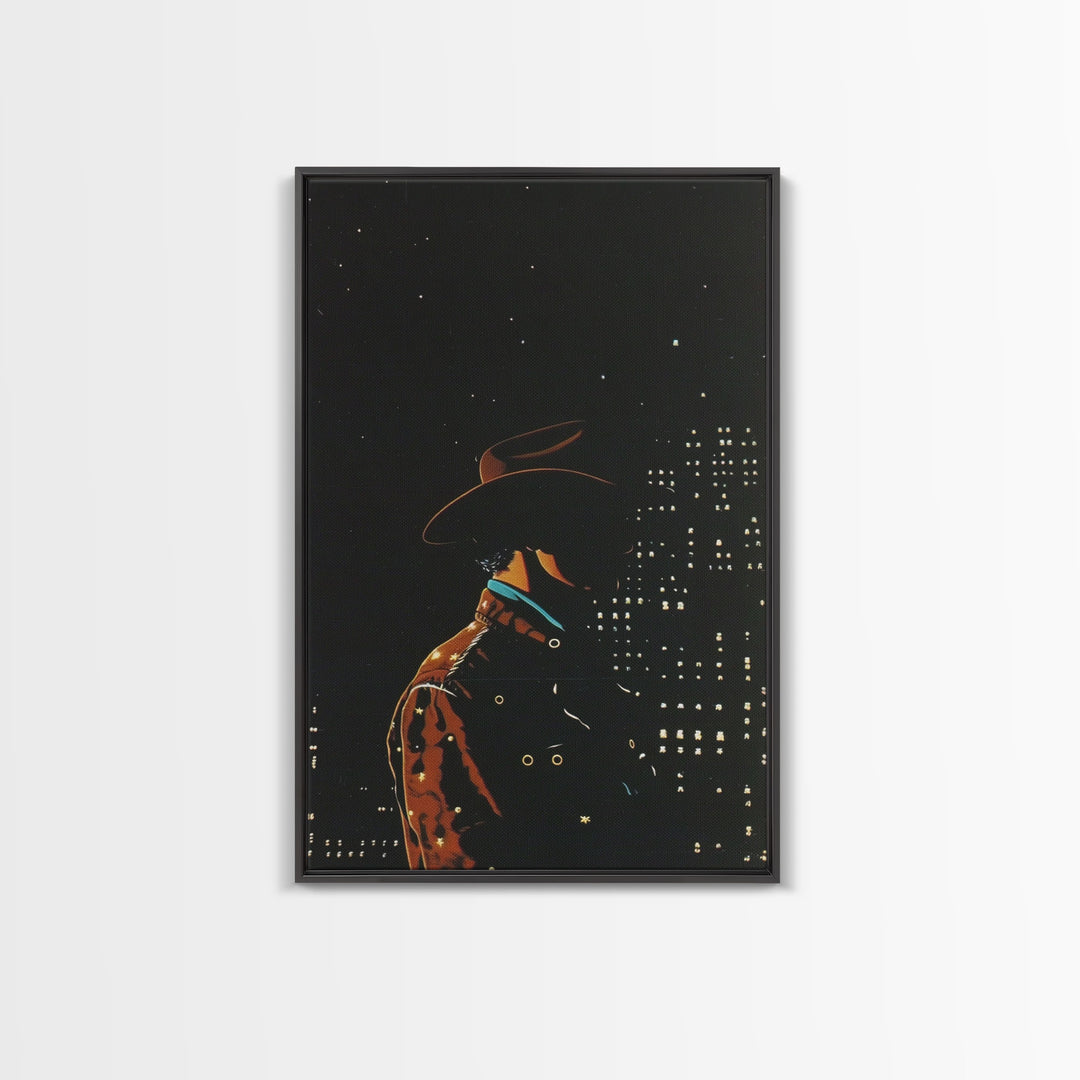 Cowboy in the City Night Print - Framed Canvas Wall Art, Urban Western Decor, City Cowboy Artwork for Living Room, Modern Western Art