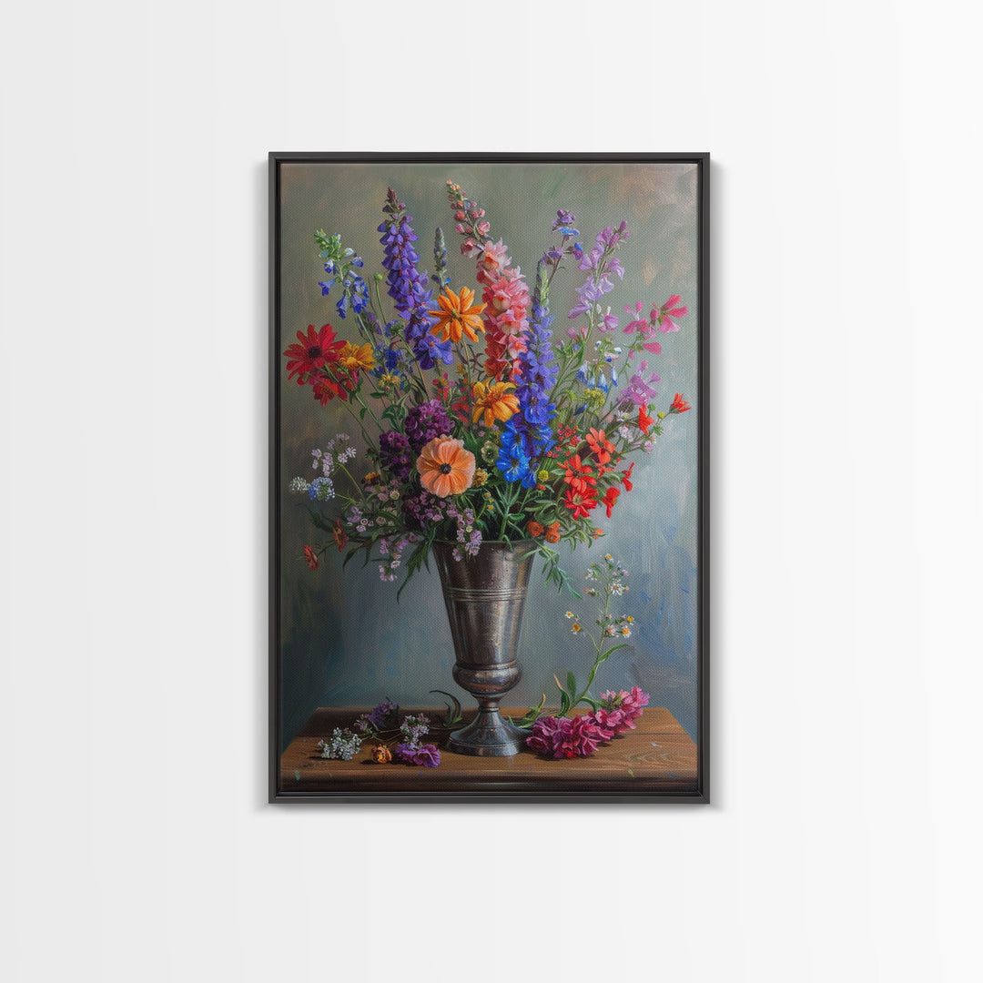 Colorful Flower Vase Print - Framed Canvas Wall Art, Bright Floral Decor for Living Room, Colorful Flower Artwork for Home, Floral Wall Art