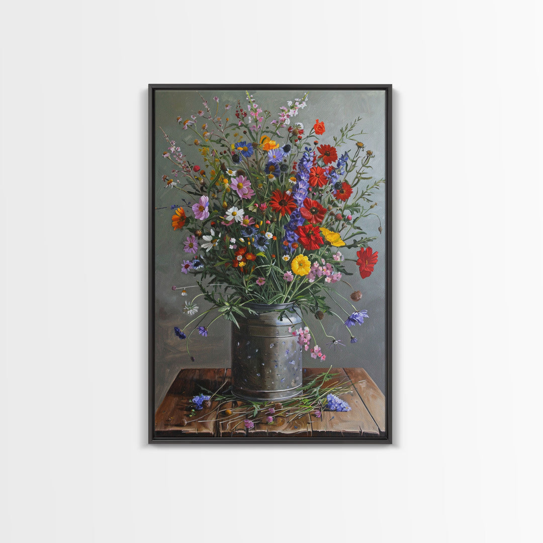 Wildflower Bouquet Print - Framed Canvas Wall Art, Rustic Floral Decor for Living Room, Colorful Wildflower Artwork for Home, Botanical Art