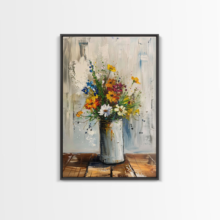 Modern Abstract Flower Vase Art - Framed Canvas Print, Colorful Floral Decor for Living Room, Contemporary Flower Artwork, Bright Home Decor