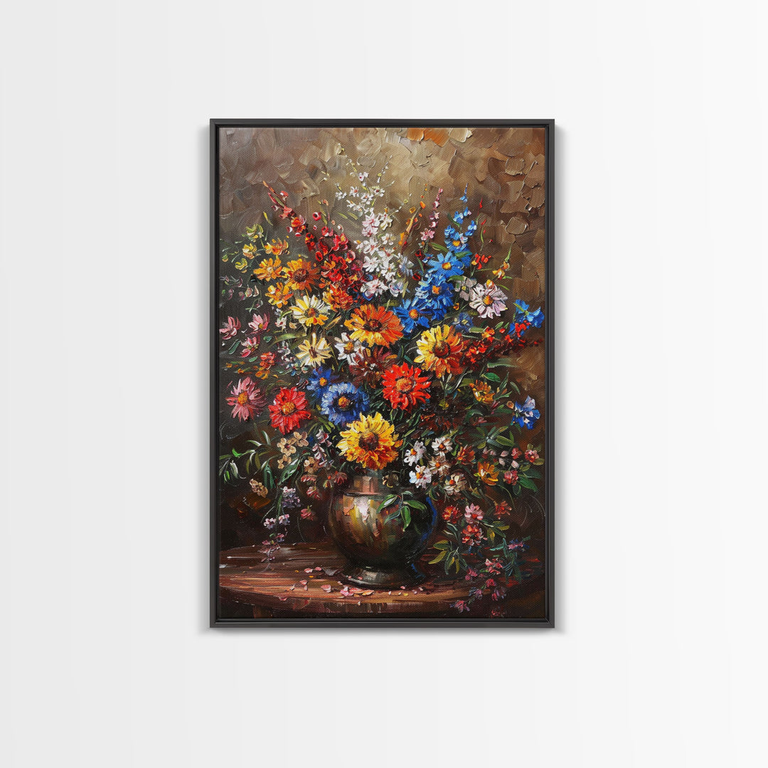 Bold Flower Bouquet Art on Dark Background - Framed Canvas Print, Vibrant Floral Wall Art for Living Room, Modern Artwork, Flower Decor