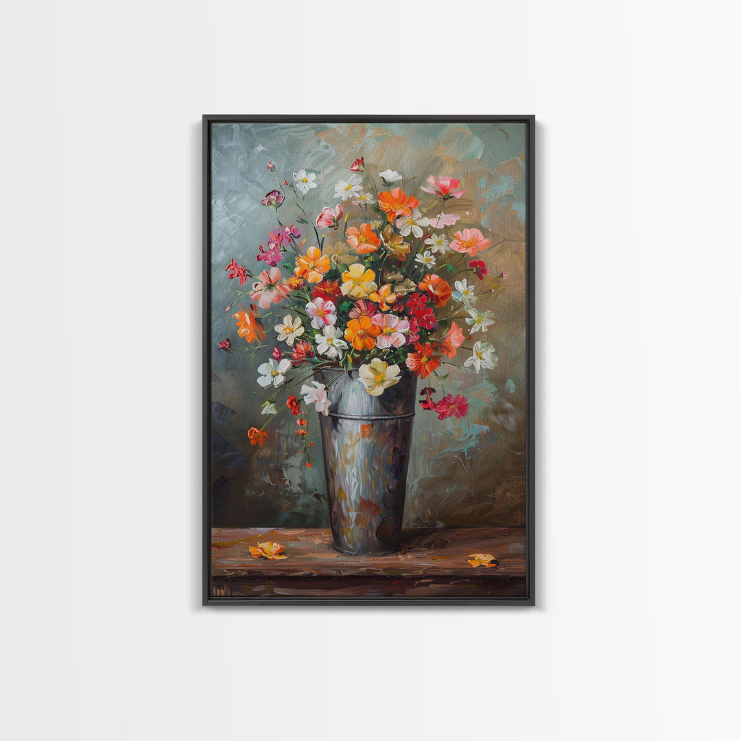 Elegant Floral Vase Art with Soft Colors - Framed Canvas Print, Pastel Flower Decor for Living Room, Light Floral Artwork, Romantic Wall Art