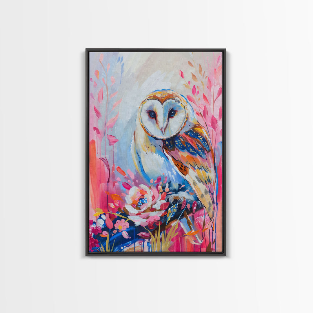 Colorful Owl Art on Pink Background - Framed Canvas Print, Modern Animal Decor for Living Room, Bright Bird Artwork, Whimsical Wall Art