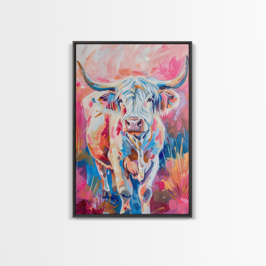 Colorful Highland Cow Art - Rustic Farmhouse Wall Decor, Vibrant Animal Painting, Living Room Art, Highland Cow Canvas Print