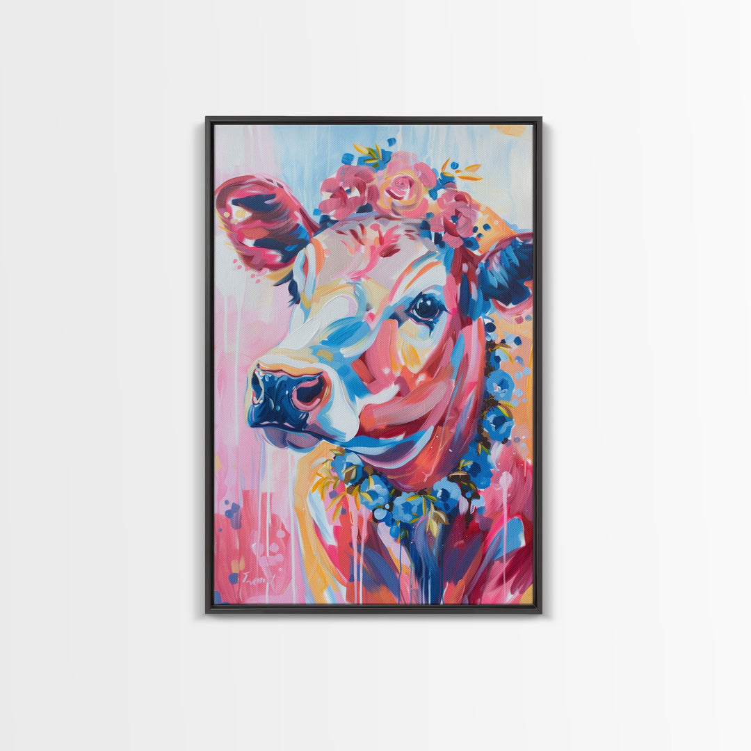 Floral Crowned Cow Portrait - Whimsical Farmhouse Wall Art, Vibrant Animal Painting, Bedroom Decor, Cute Cow Canvas Print