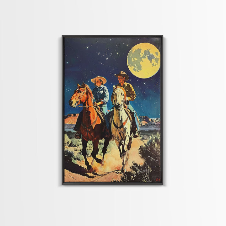 Vintage Cowboy Couple Under Moonlit Sky - Rustic Western Wall Art, Night Sky Painting, Bedroom Decor, Cowboy Canvas Print