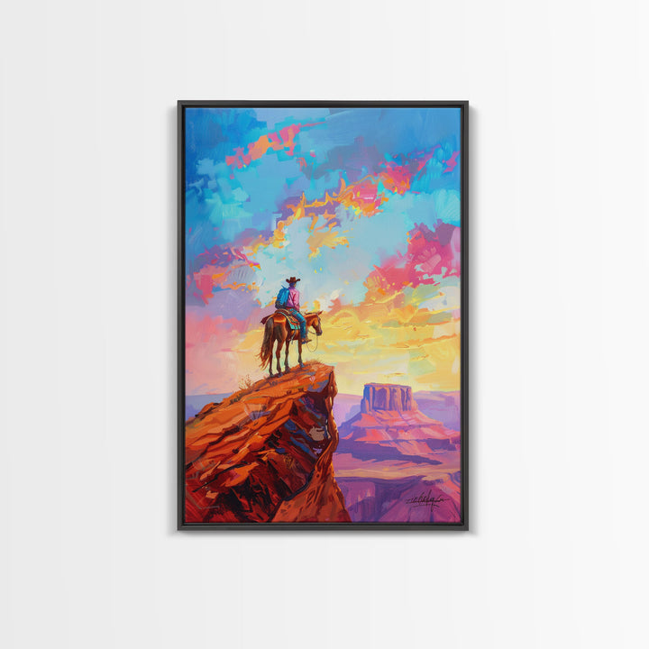 Cowboy on Horseback Overlooking Canyon - Vibrant Western Landscape Art, Sunset Painting, Living Room Decor, Cowboy Canvas Print