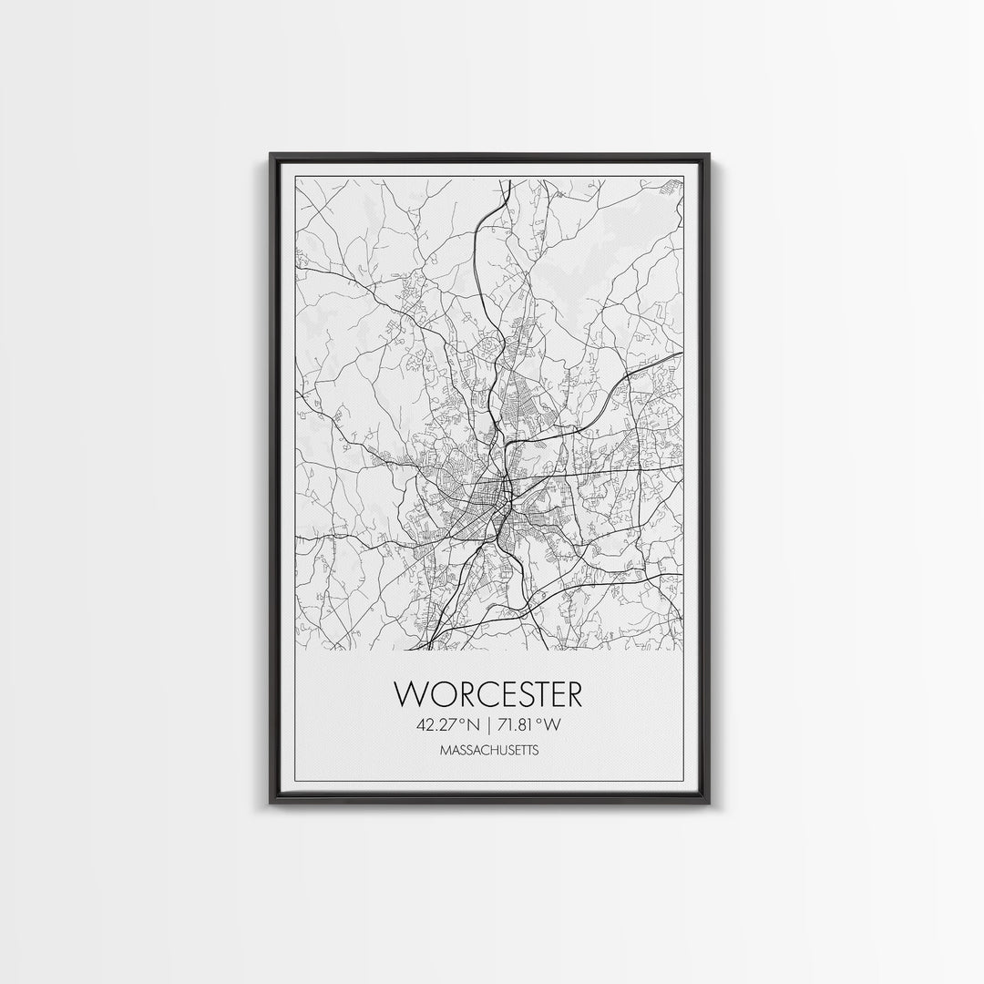 Worcester Street Map, Massachusetts Map, City Map Print, Minimalist Art, Wall Art, Canvas Print, Home Office Wall Art, Unique Travel Gifts