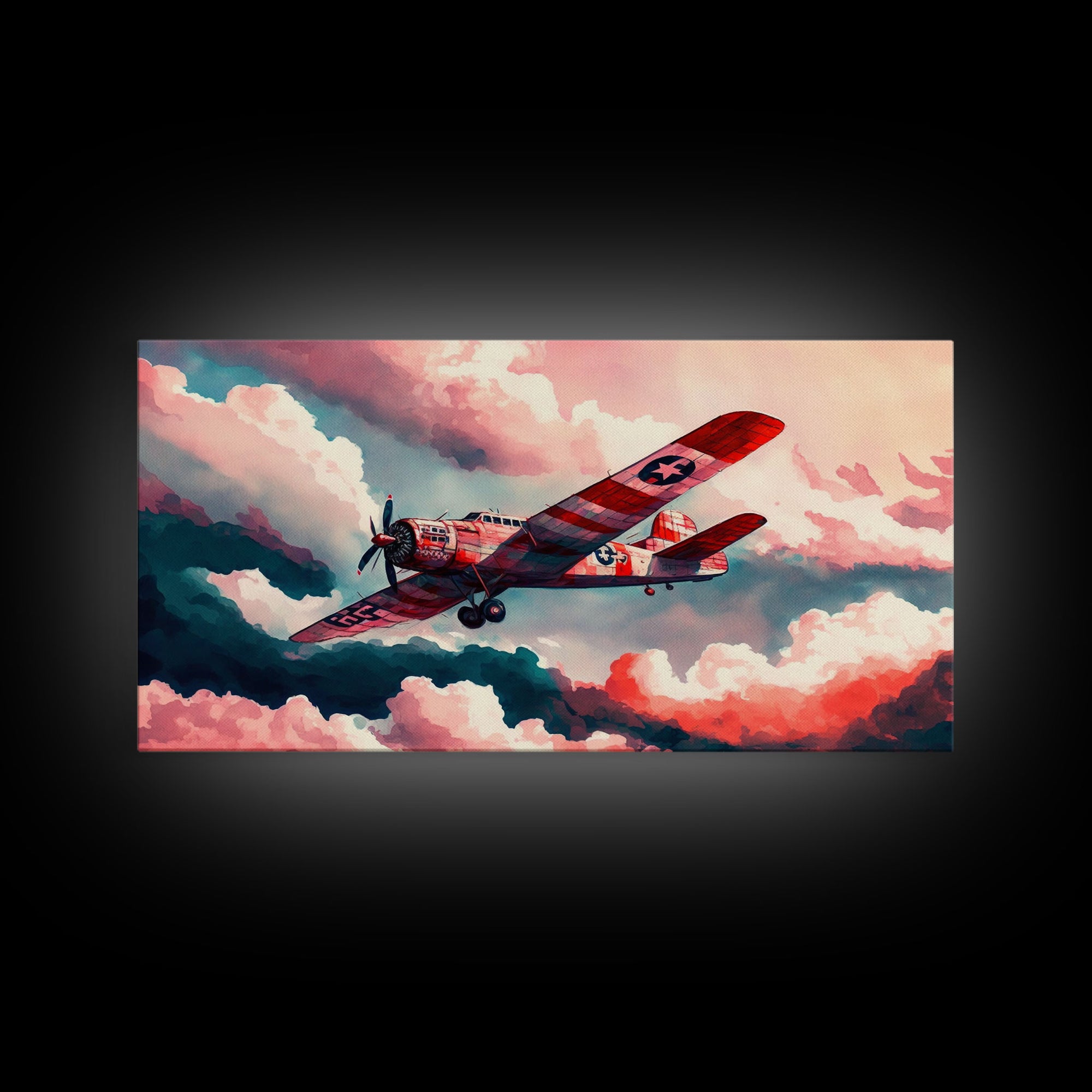 1930s Airplane in Flight, Watercolor, Framed Canvas Print, Home Decor For Pilots, Gift for Airplane Enthusiasts