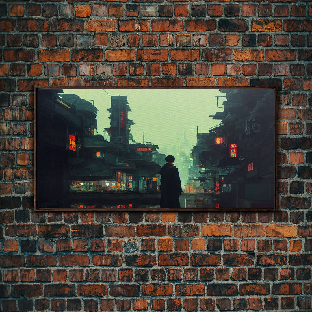 Japanese Style Cyberpunk City, Futuristic Cyberpunk Art, Framed Canvas Print, Ready To Hang Wall Art, Framed Wall Art, Hard Boiled