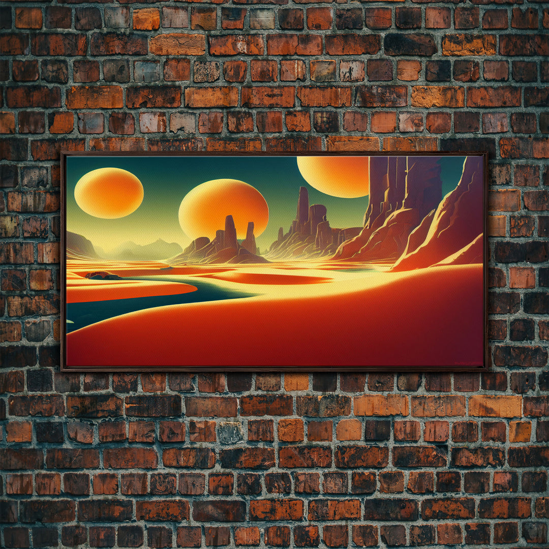 Trippy Art Deco Scifi Painting of an Alien World,  Wall Decor, Ready To Hang Framed Canvas Print, Oversize Wall Art