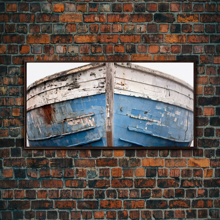 Photo Of An Old Wooden Boat With Peeling Paint, Framed Canvas Print, Nautical Wall Art, Lakehouse Decor