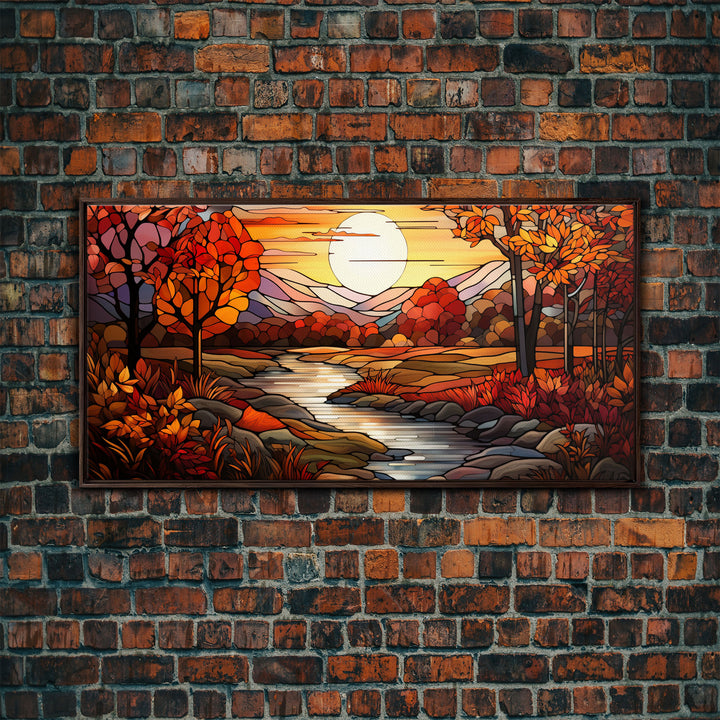 Fall Centerpiece Landscape Painting Canvas Print, Stained Glass Style Art, Stained Glass Wall Art, Autumn Decor, Rustic Fall Art, Fall Decor