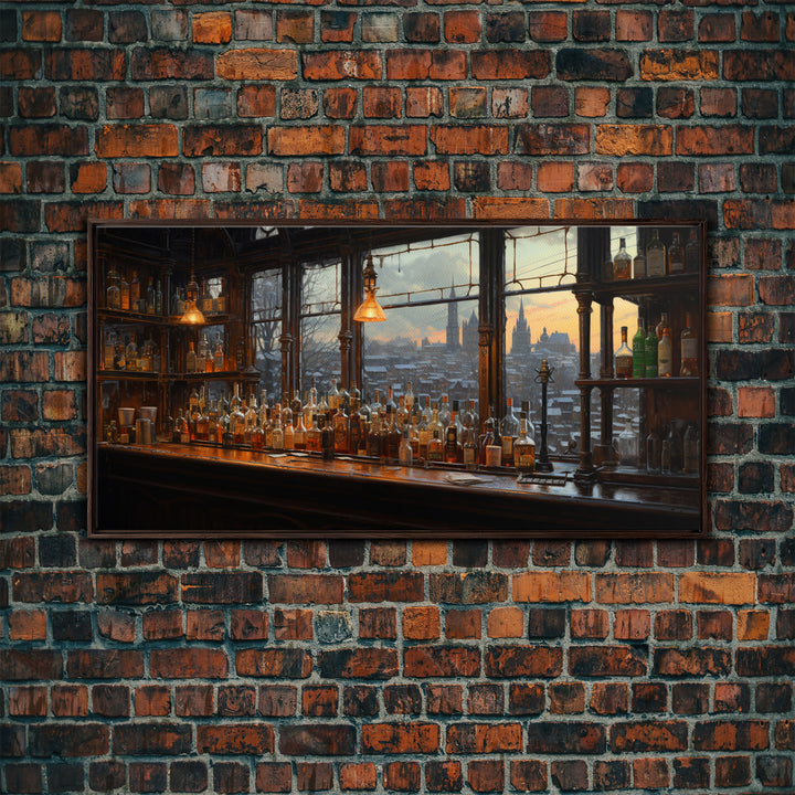 Old Timey Western Bar, Oil Painting Of A Vintage Bar Overlooking The City, Kitchen Art, Kitchen Wall Art, Home Bar Decor, Bar Cart Art