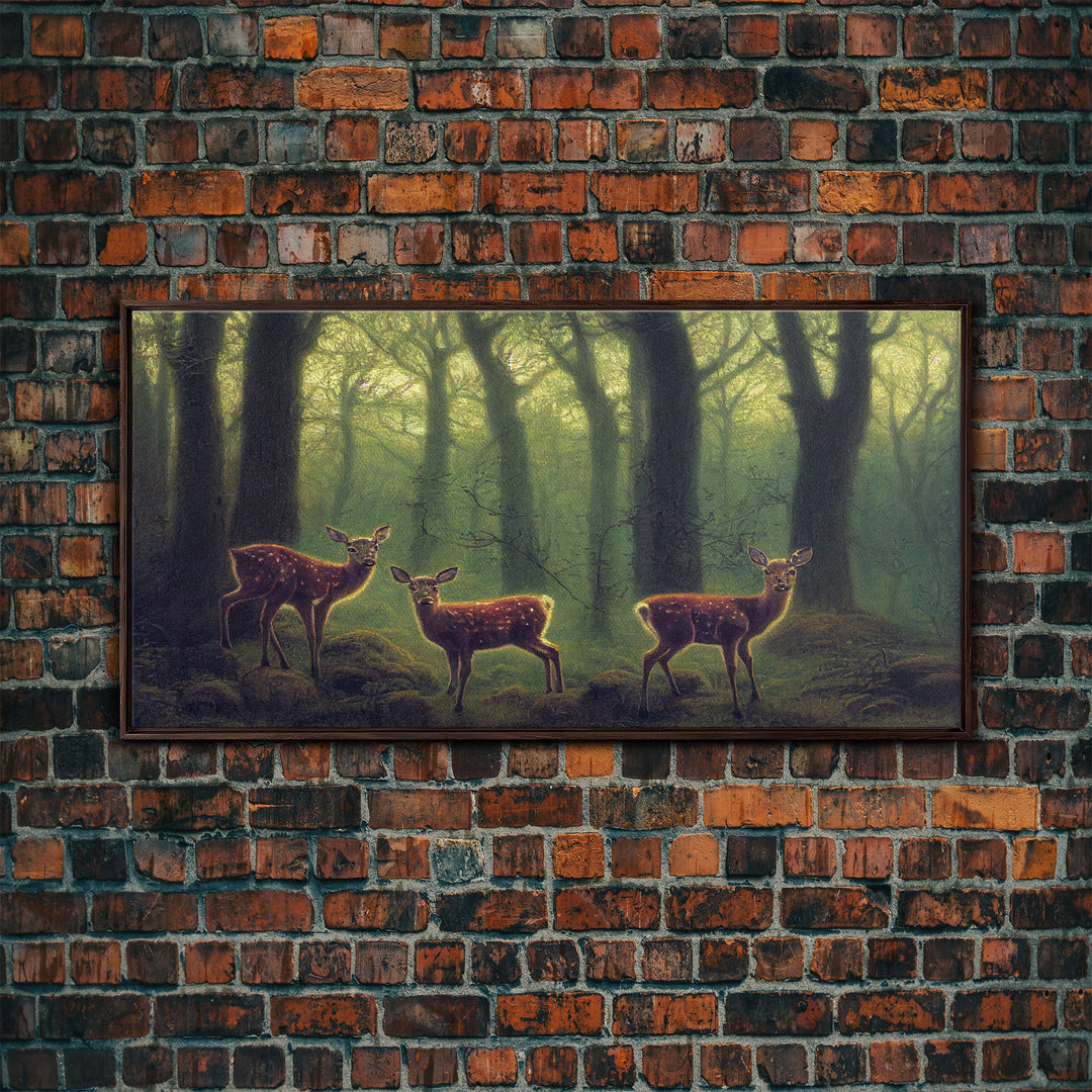 Does in a majestic forest, whitetail deer art, framed canvas print, ready to hang framed wall art