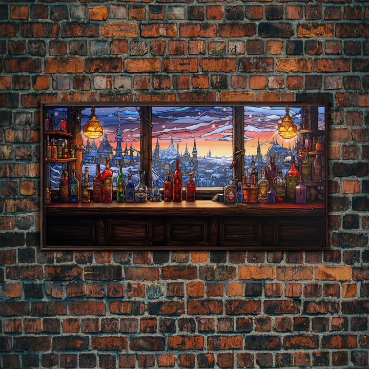 Tavern Art, Window, Winter Wall Art, Bottles Print, Canvas Print, Wall Hanging, Landscape Art, Family Room Art, Business Gift, Travel Print