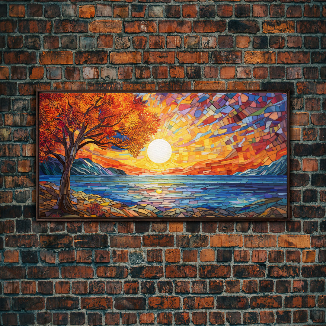 Mosaic Wall Art, Abstract Wall Print, Sunset, Lake Art, Canvas Print, Wall Hanging, Panoramic Art, Dining Room Decor, Realtor Thank You