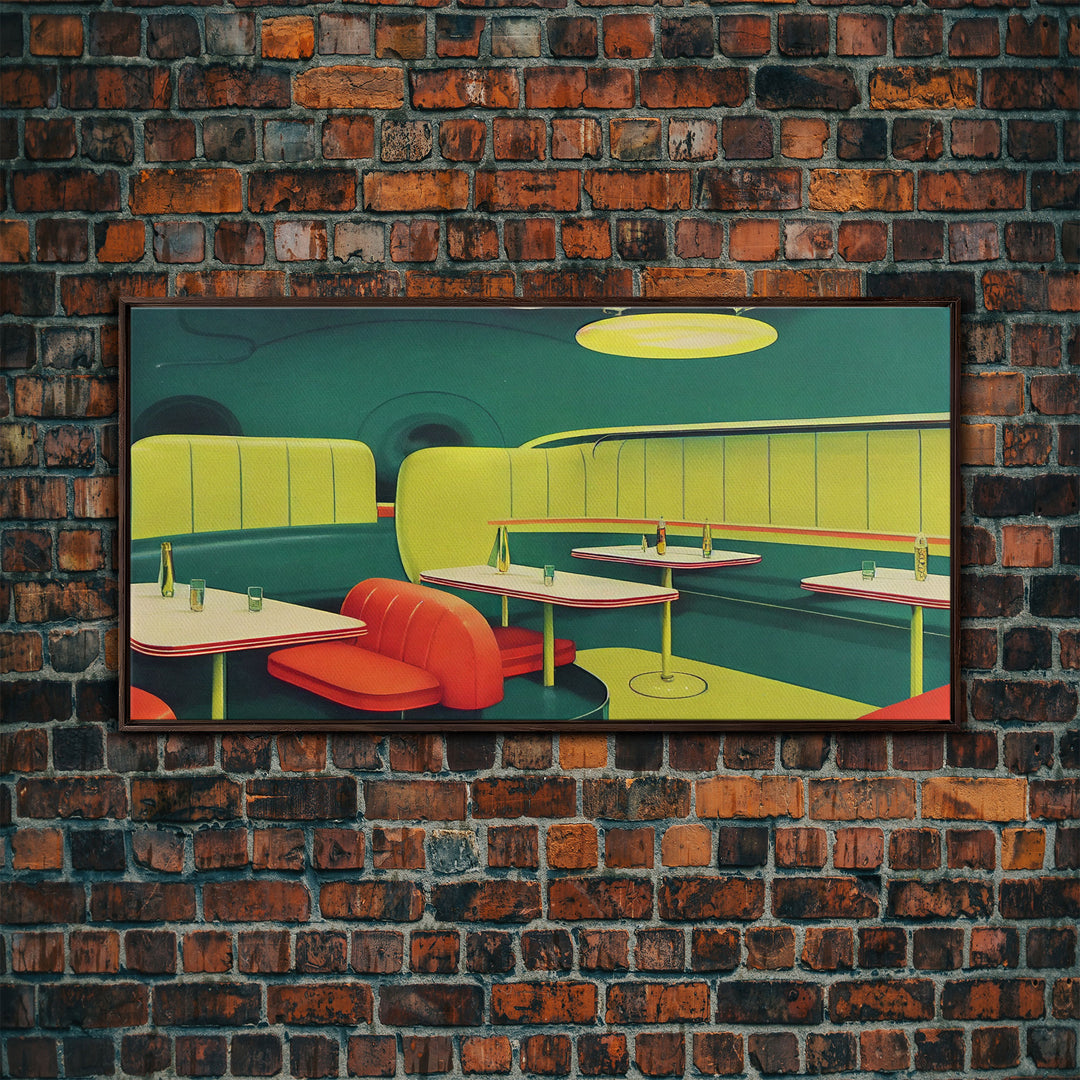 Retro Art, Lime green 1950s style art deco diner, framed canvas print, ready to hang framed wall art