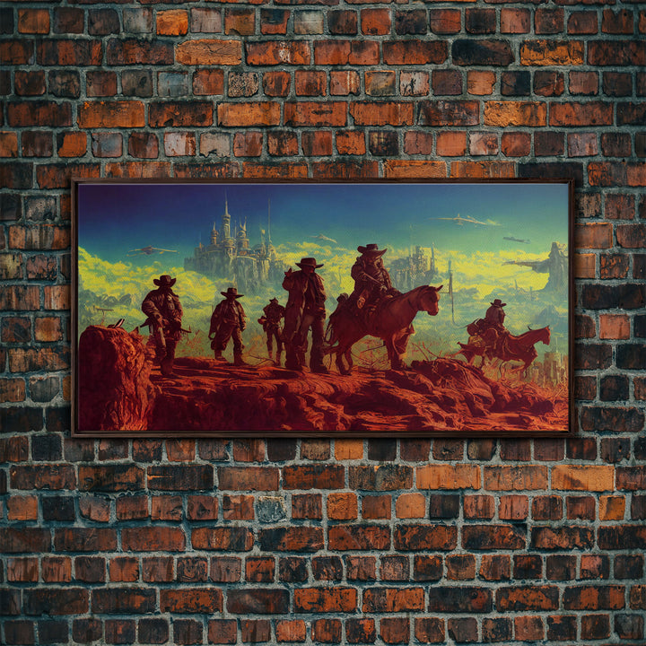 Space Cowboys, Wildwest Scifi Mashup Fantasy Art, framed canvas print, ready to hang framed wall art