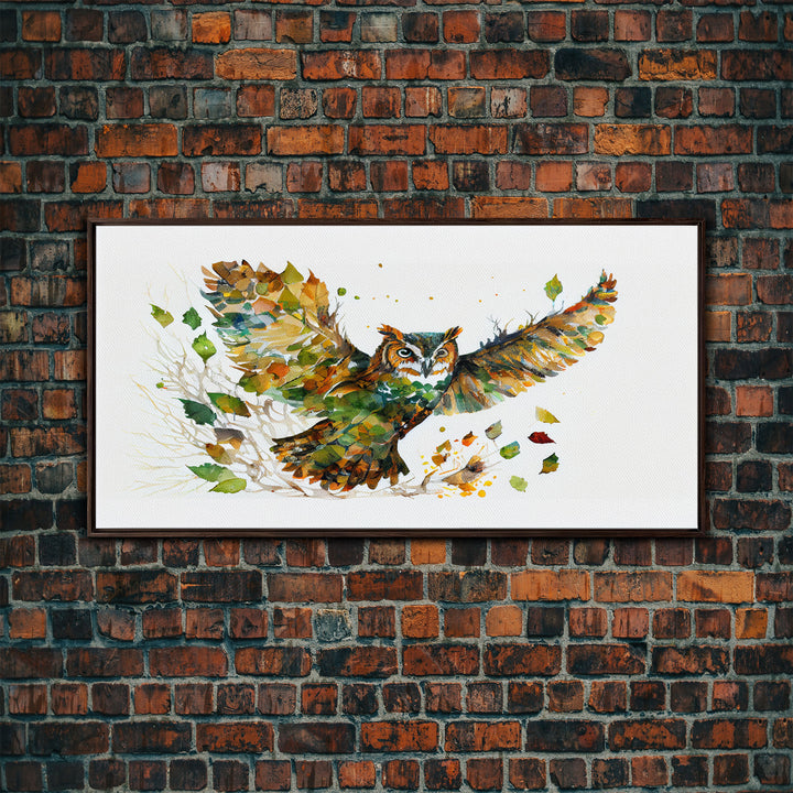 Owl wall art, framed canvas print, owl decor, nature art, owl print, owl painting, owl made of leaves double exposure art