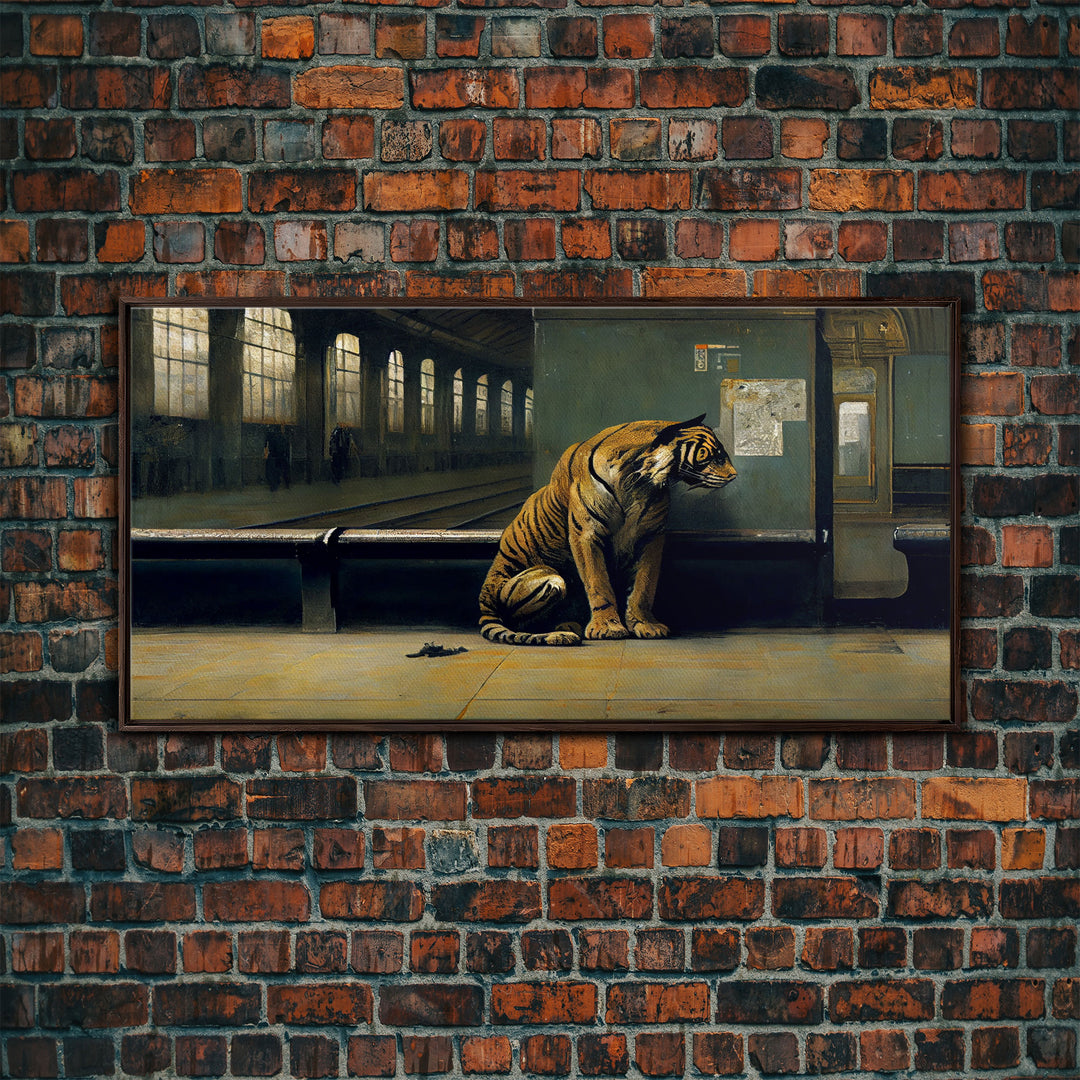 Tiger in a Subway train station, Post-apocalyptic urban decay art, framed canvas print