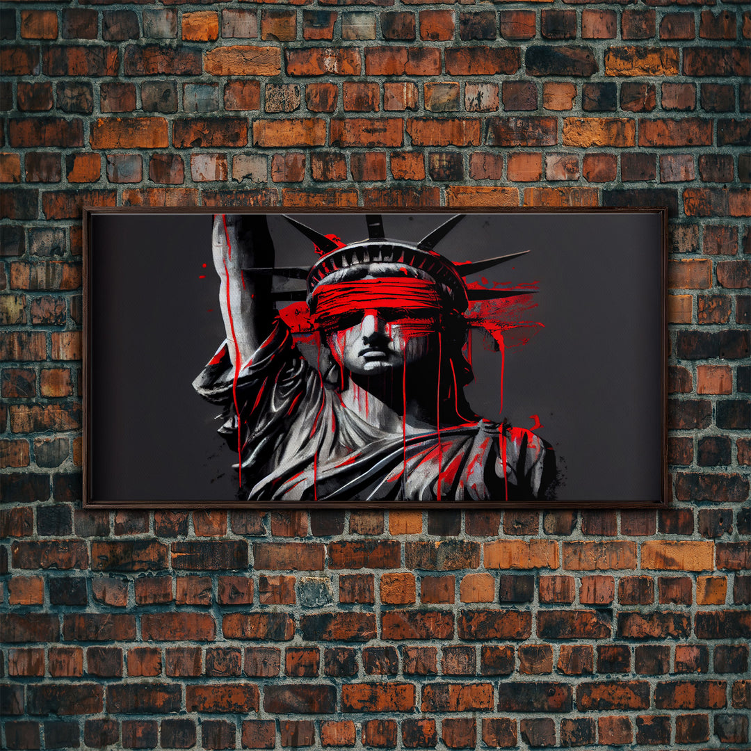 Statue of liberty wearing a bloody blindfold, Dystopian graffiti art, NYC, framed canvas print, pop art Statue of Liberty