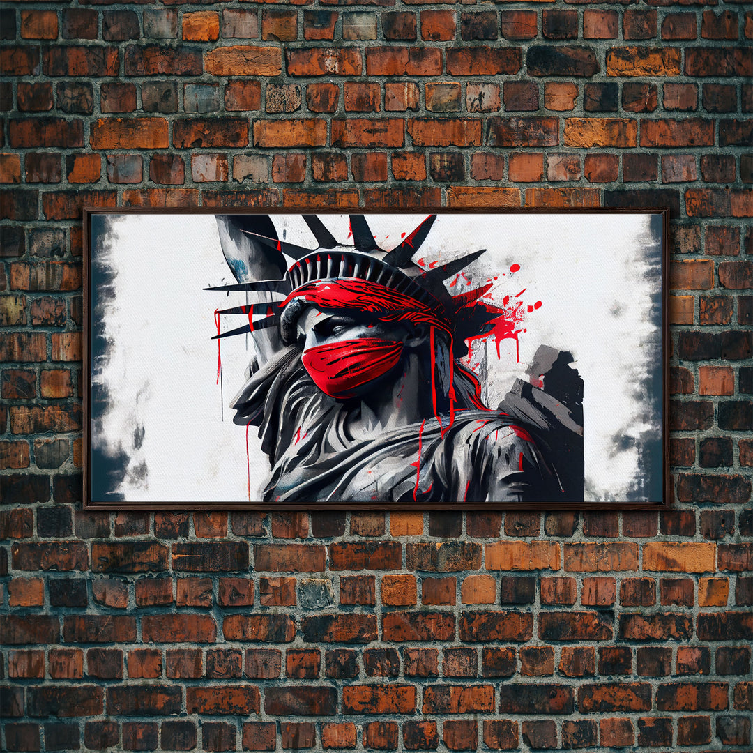 Statue of liberty wearing a bloody Covid mask, Dystopian graffiti art, NYC, framed canvas print, pop art Statue of Liberty