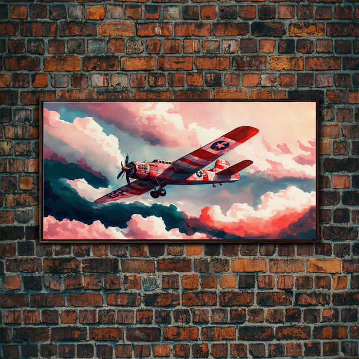 1930s Airplane in Flight, Watercolor, Framed Canvas Print, Home Decor For Pilots, Gift for Airplane Enthusiasts