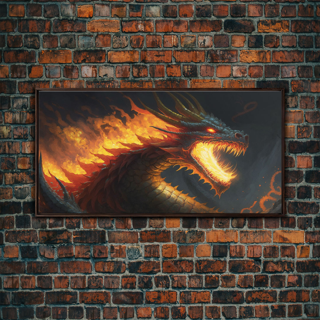 Fire Breathing Horned Dragon, Framed Canvas Print, Colorful Fantasy Wall Art, Videogame Concept Decor