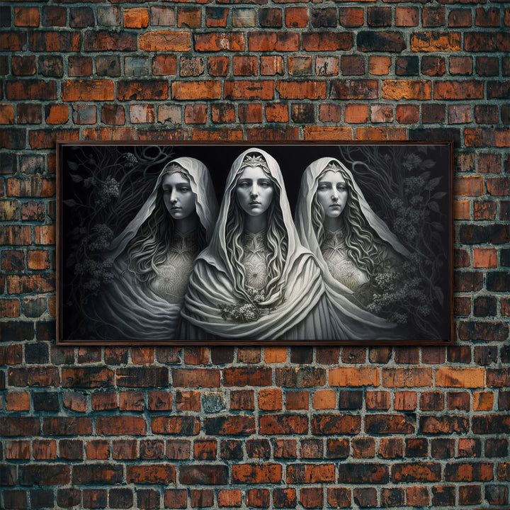 The Norns, Norse Mythology, Weavers of Fate, Framed Canvas Print,  Urðr, Verðandi, and Skuld, Black and White Norse Fantasy Art