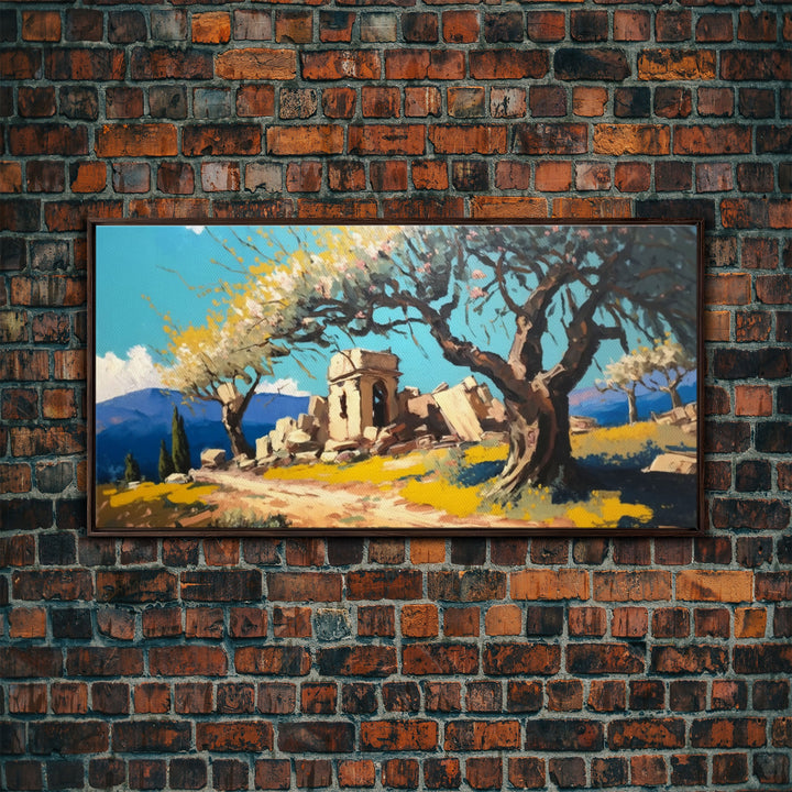 Ancient Roman Ruins, Framed Canvas Print, Old World Art, Olive Tree Amongst The Ruins, Living Room Decor