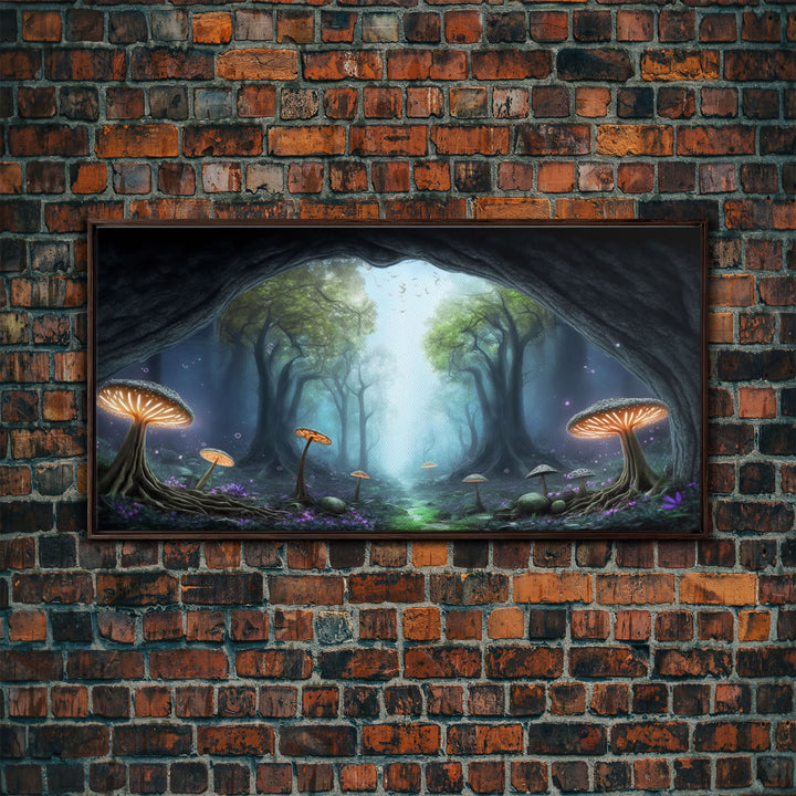 Magical Enchanted Mushroom Forest, Fantasy Art, Framed Canvas Print, Bioluminescent Butterflies in an Enchanted Forest, Glowing Art