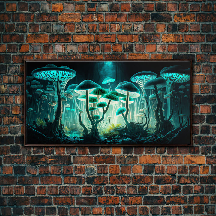 The Forest Floor, Framed Canvas Print, Glowing Mushrooms, Bioluminescent Mushroom Art, Color fantasy wall art