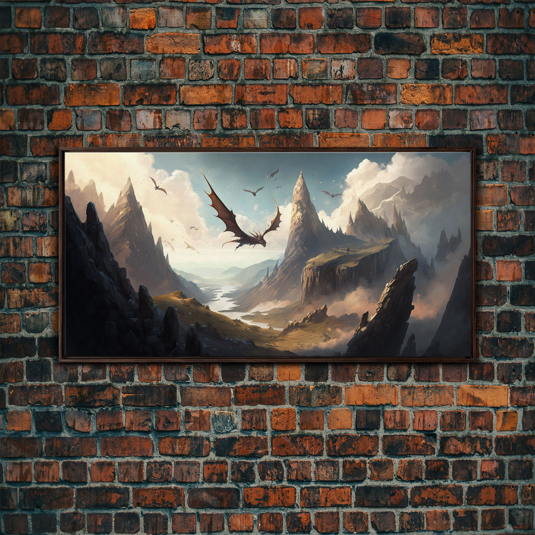 Dragons in Flight Over a Valley, Fantasy Art, Framed Canvas Print, Medieval Fantasy Art, Fire breathing dragons