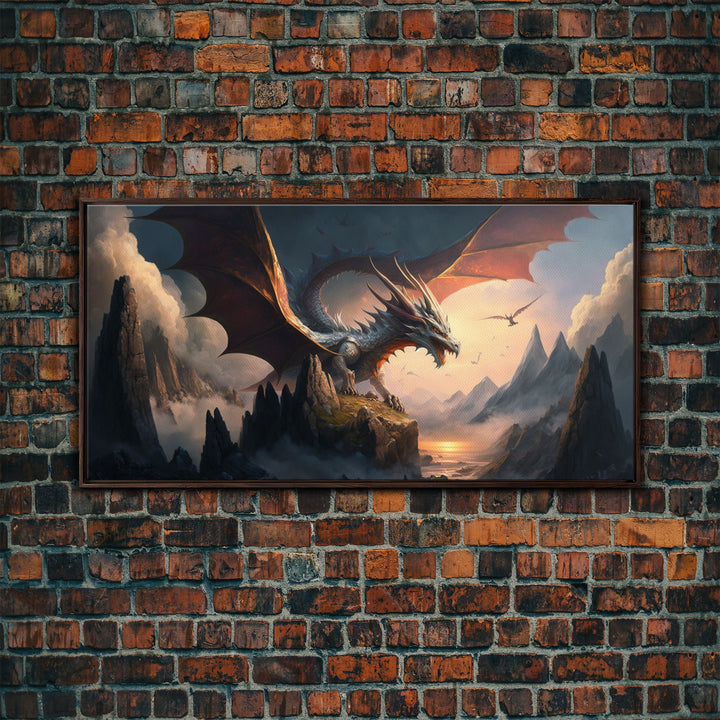 White Dragon on a Mountain Top,  Fantasy Art, Framed Canvas Print, Medieval Fantasy Art, Fire breathing dragons