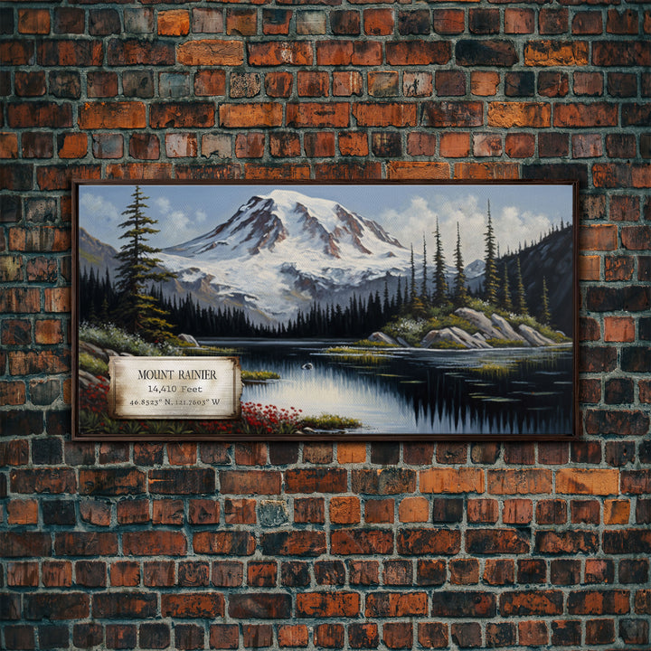 Mount Rainier, Travel Poster Wall Art, Framed Canvas Print, American Mountains, Mountain Landscape Painting, Washington State Art