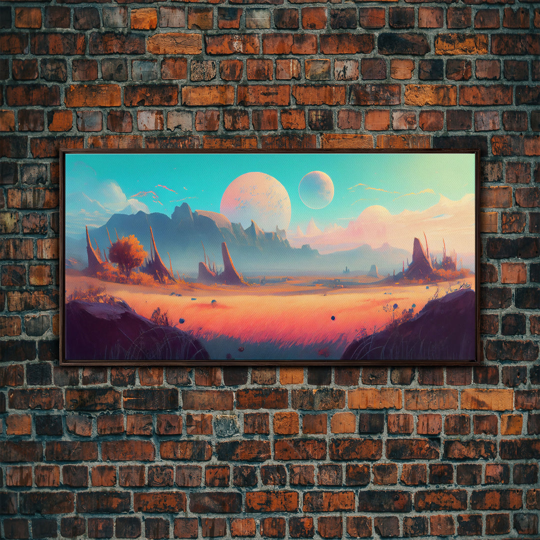 Scifi Landscape Wall Art, Framed Canvas Print, Canvas Art, Two Moon Scifi Planet Watercolor Painting