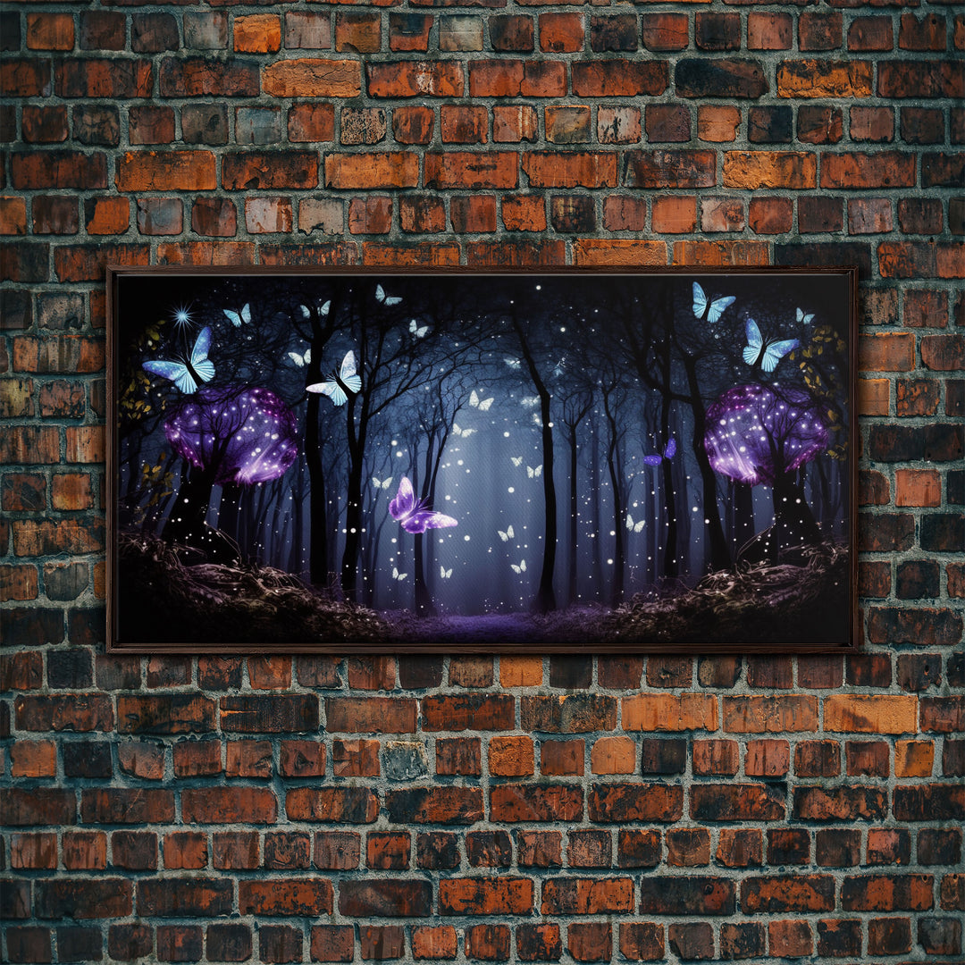 Glowing Butterflies, Framed Canvas Print, Fantasy Decor, High Fantasy Canvas Art, Fairy Forest