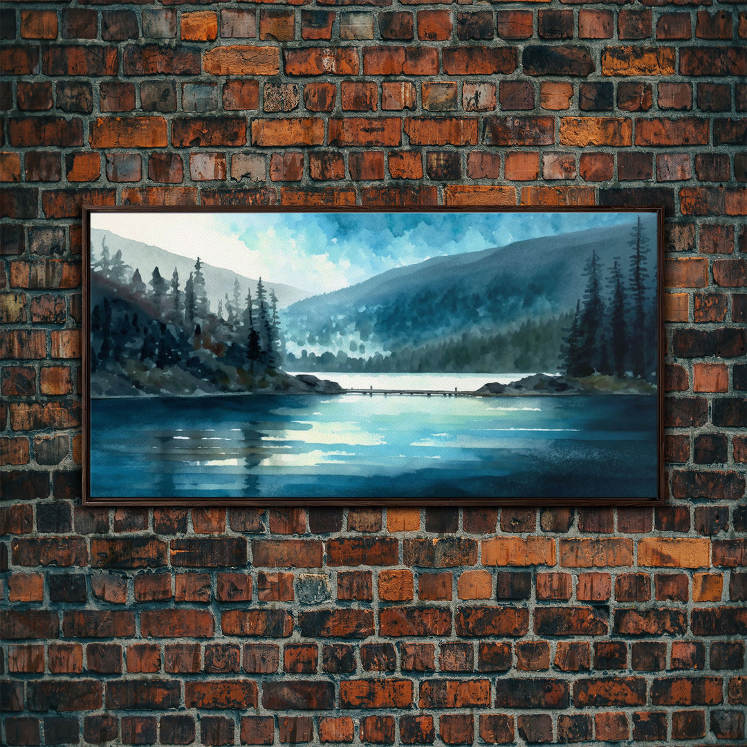 Mountain Lake, Watercolor Landscape Painting Canvas Print - Ready To Hang Large Gallery Wrapped Canvas Wall Art Prints With Floating Frames