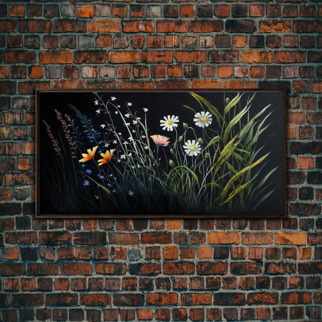 Meadow Flowers, Black Background, Framed Canvas Print, Floral Study Watercolor Painting