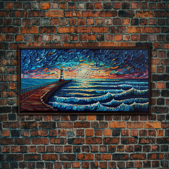 Starry Night Style Light House - Framed Canvas Print - Lighthouse and Beach Art - Lakehouse Art - Beach House - Living Room Decor