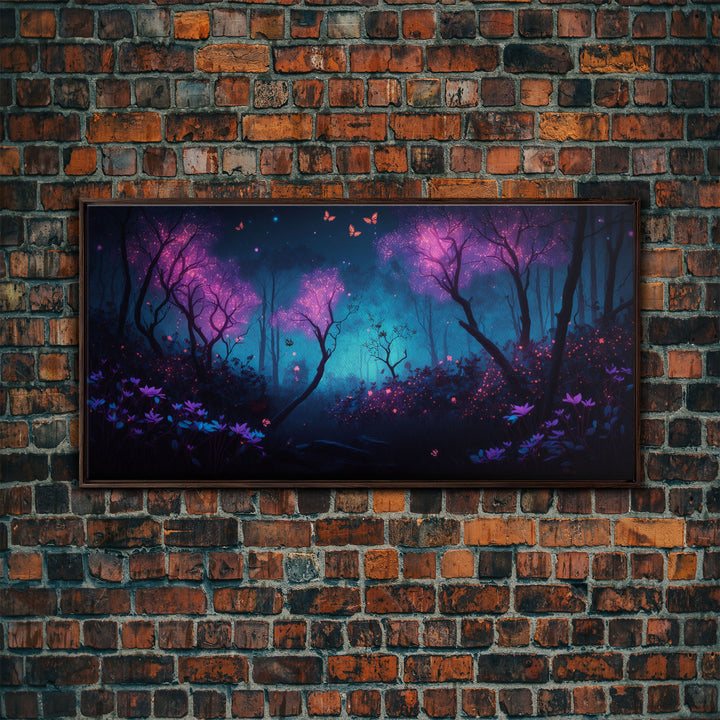 Beautiful forest canvas print Fantasy forest wall art Forest Painting, Framed Art, Glowing Butterflies